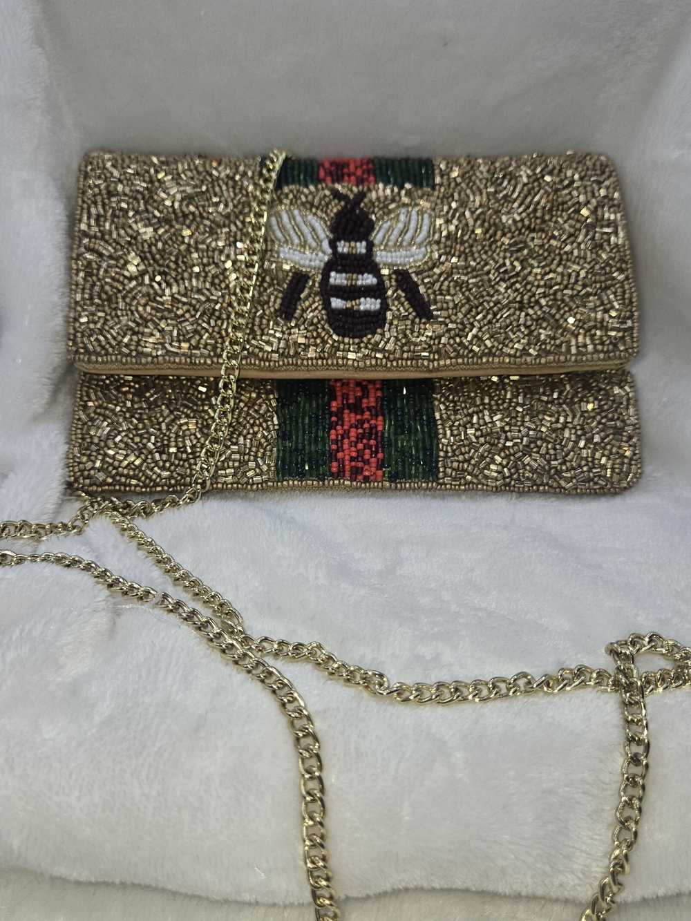 Gold Beaded Bee Crossbody Clutch Evening Bag Chain Strap